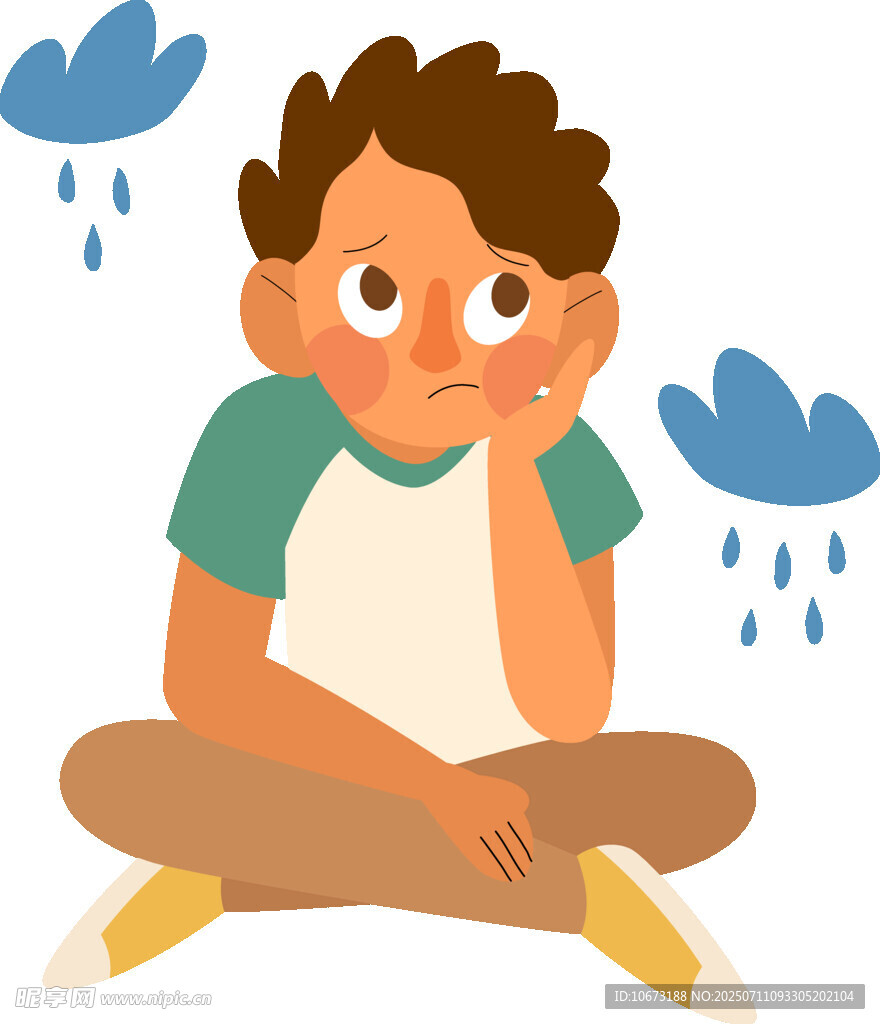 雨中独坐的忧郁小男孩