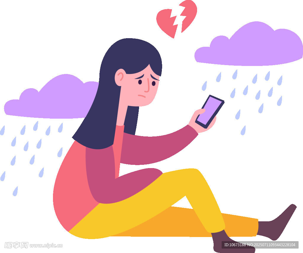 女孩雨中看手机显失落