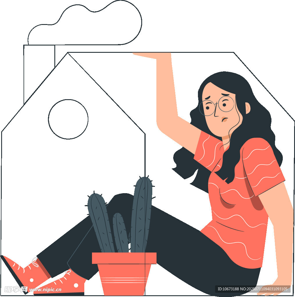 女孩惬意陪伴绿植与小屋
