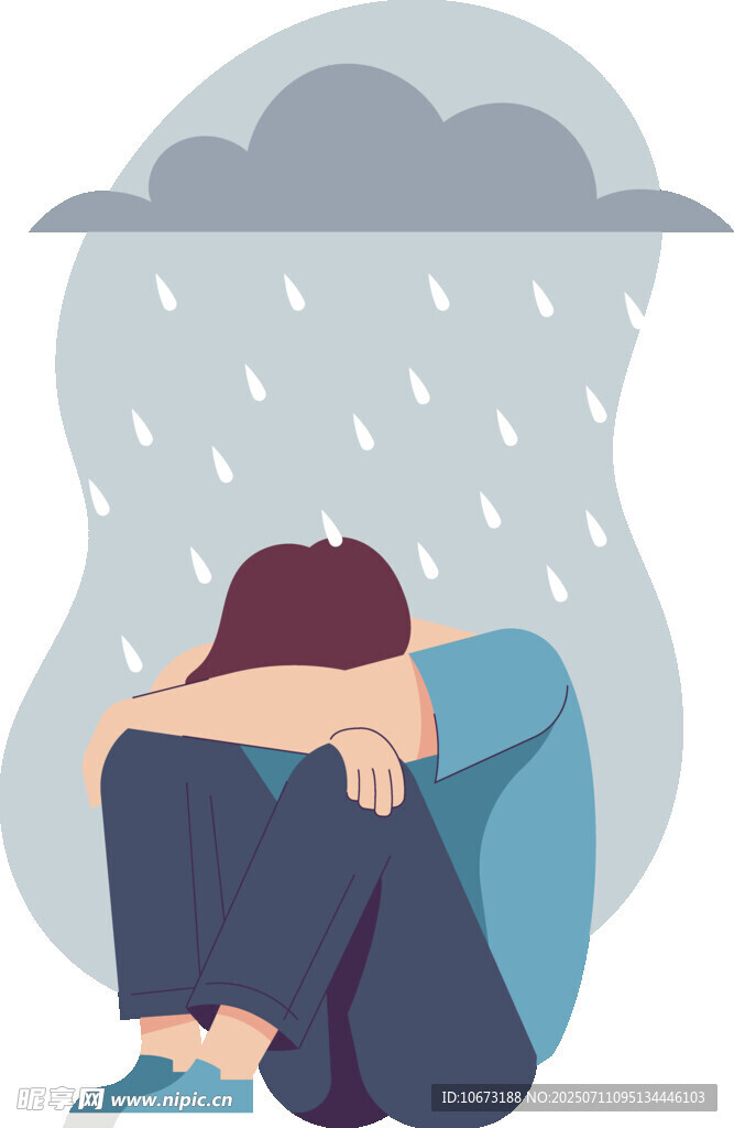 雨中孤独抱膝的落寞身影