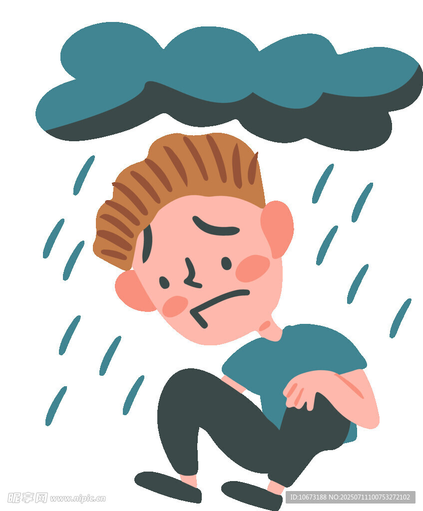 雨中沮丧男子抱膝而坐