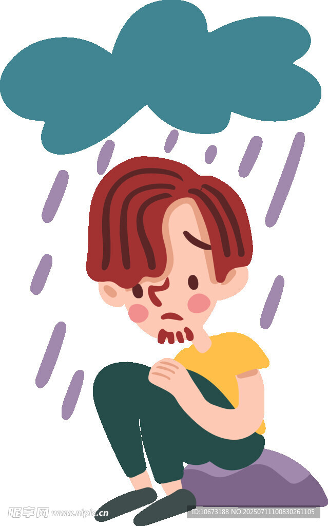 雨中独坐的忧郁少年