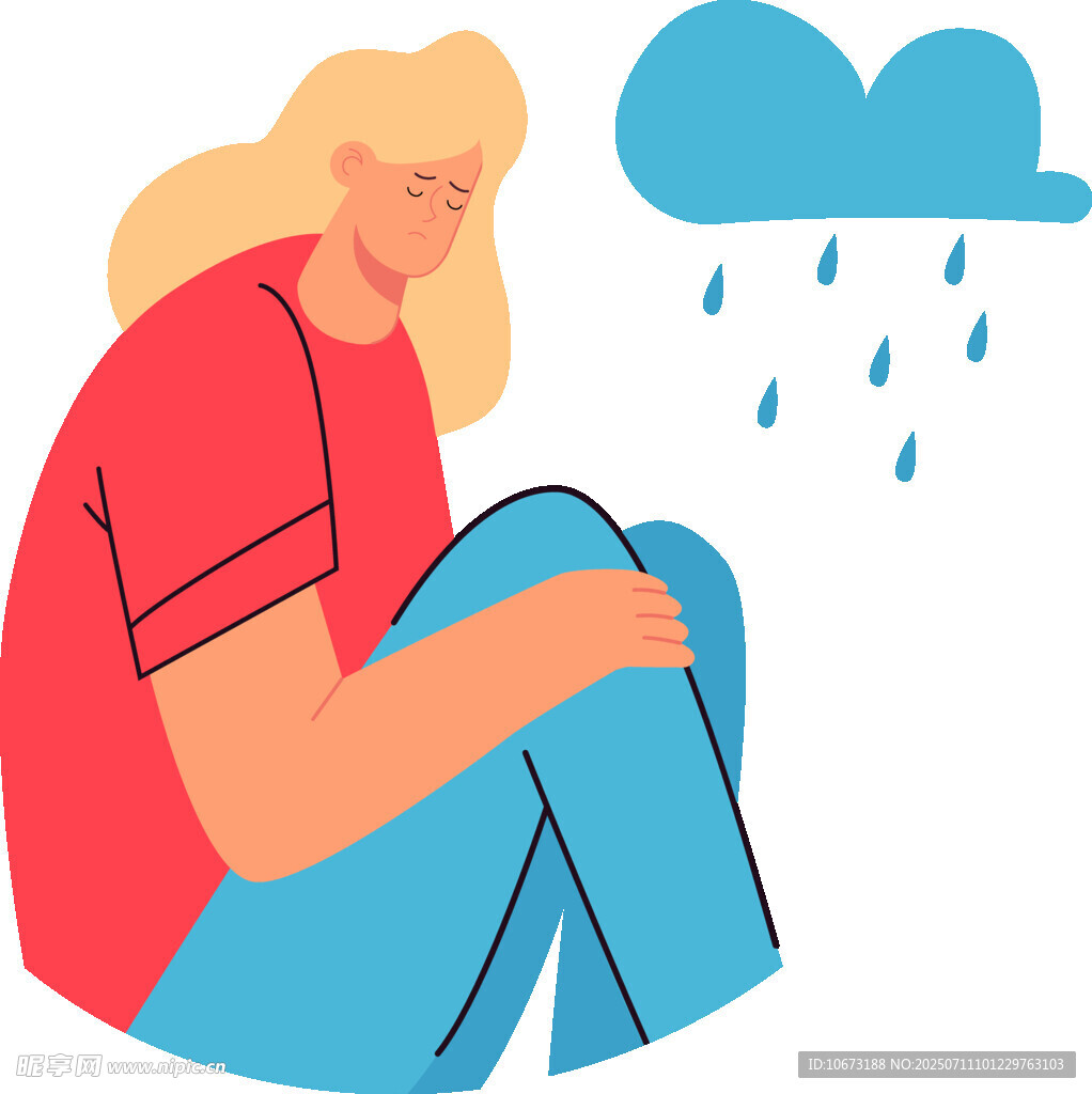 悲伤女孩在雨中独自蜷缩