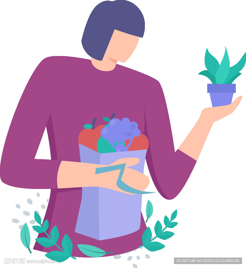 手持鲜花绿植的人物形象