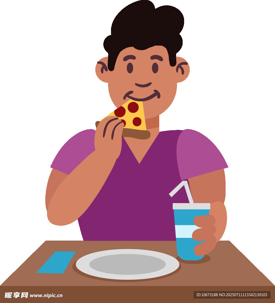 男子开心享用披萨与饮料