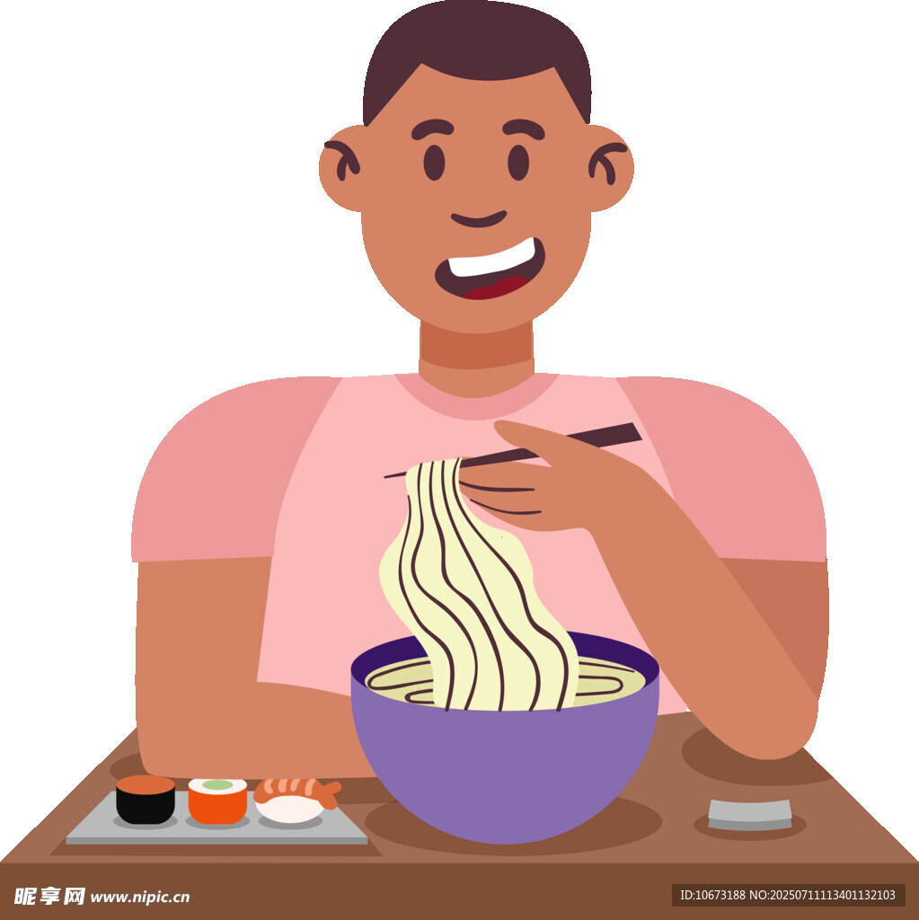 男子开心享用大碗面条
