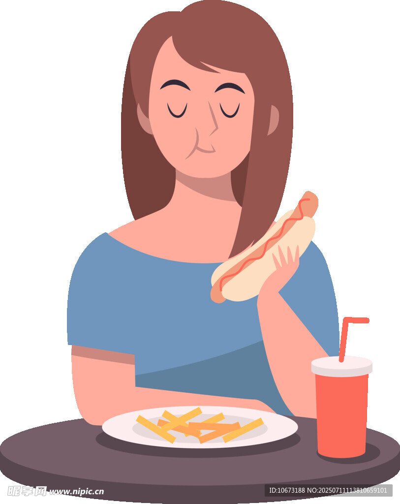 女子惬意享用热狗与饮料
