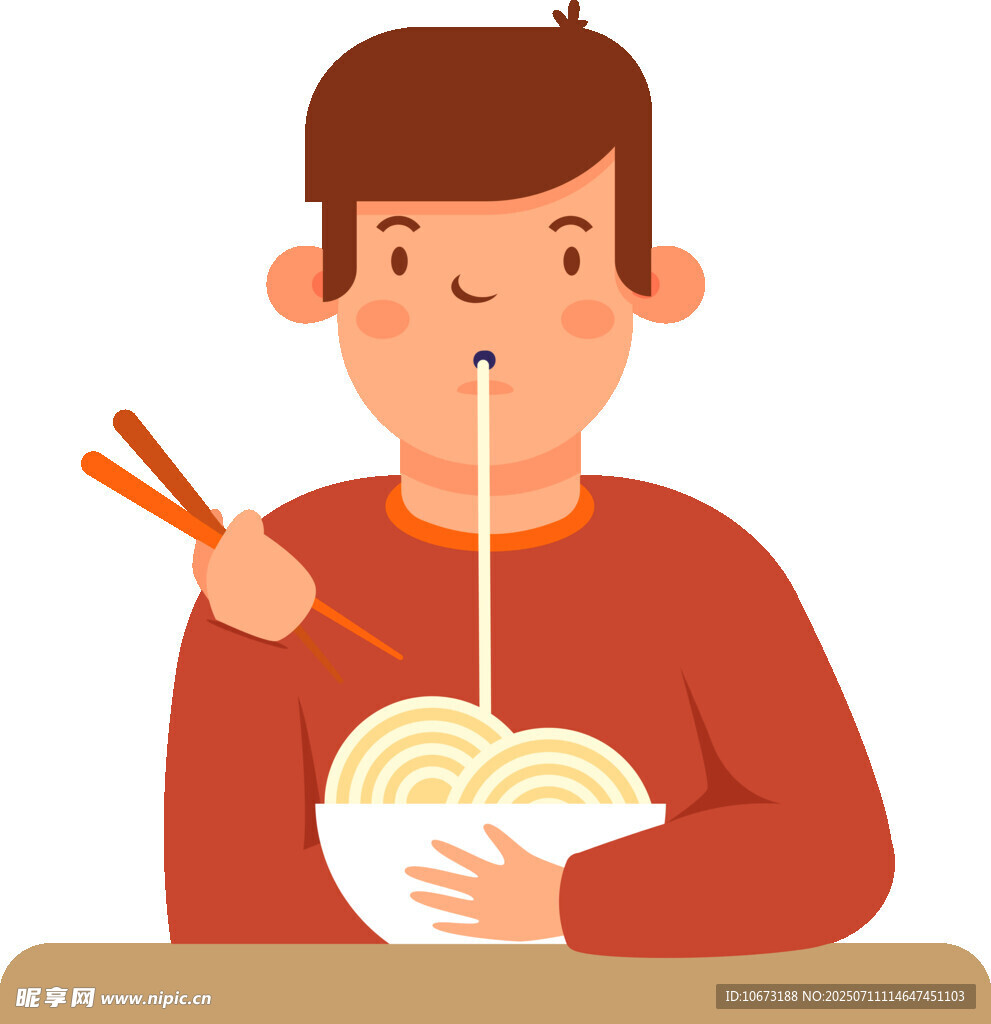 男孩开心吃面条