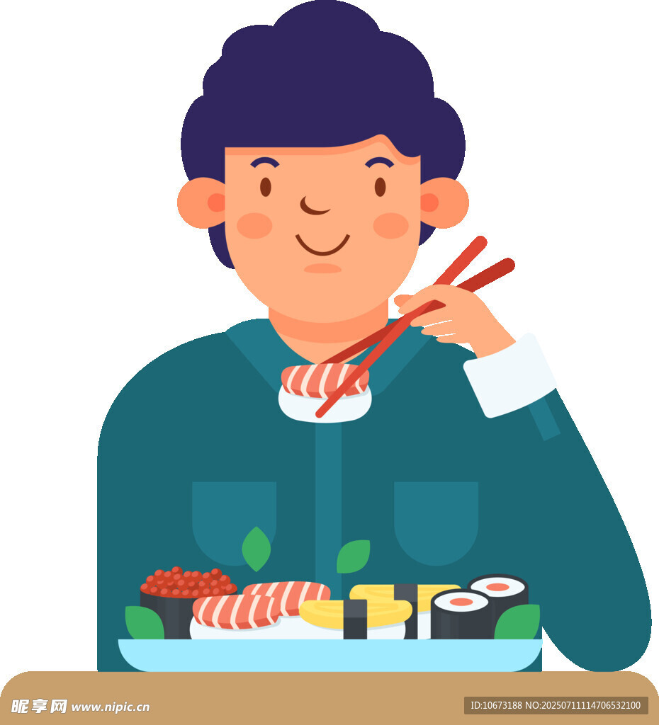 男子开心享用美味寿司