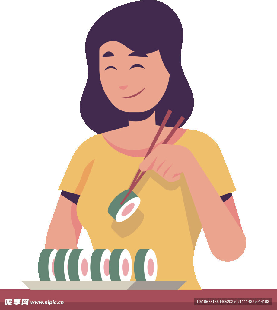 女孩开心享用美味寿司