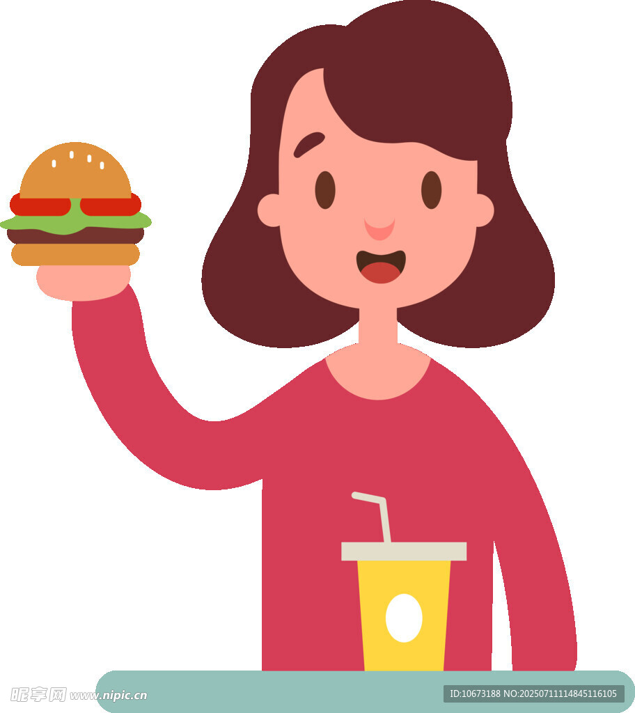 女孩手持汉堡与饮料