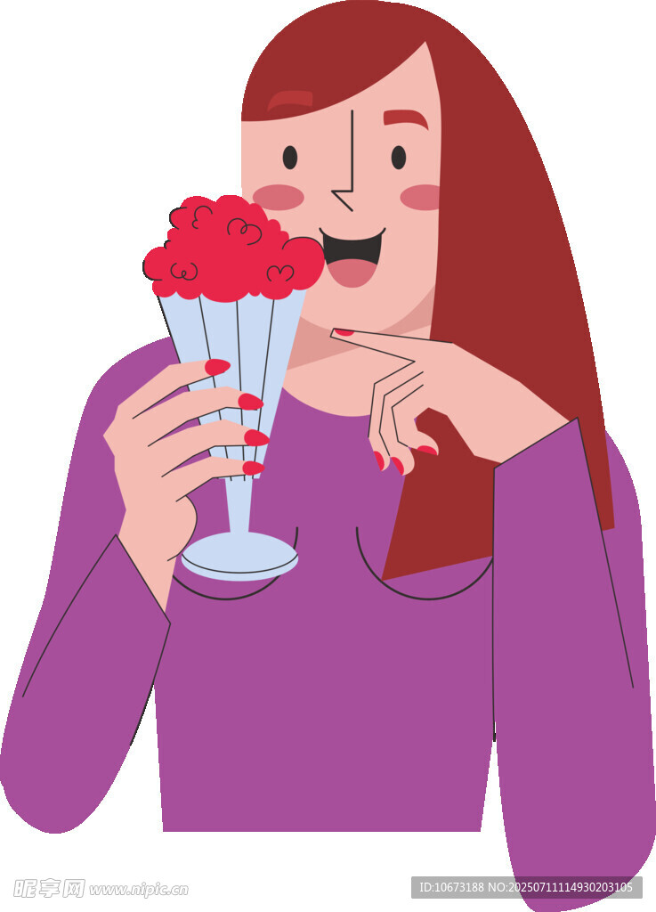 女子手持鲜花杯面露喜悦