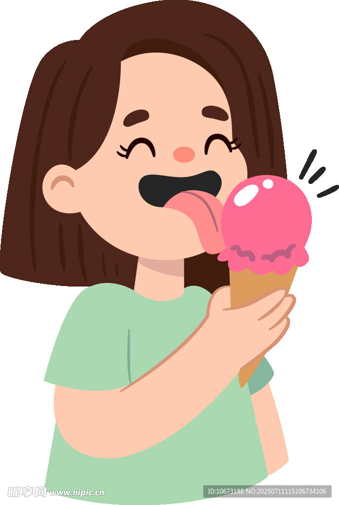 女孩开心吃粉色冰淇淋