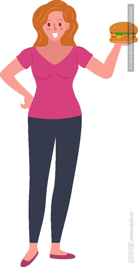 女子手持汉堡开心模样