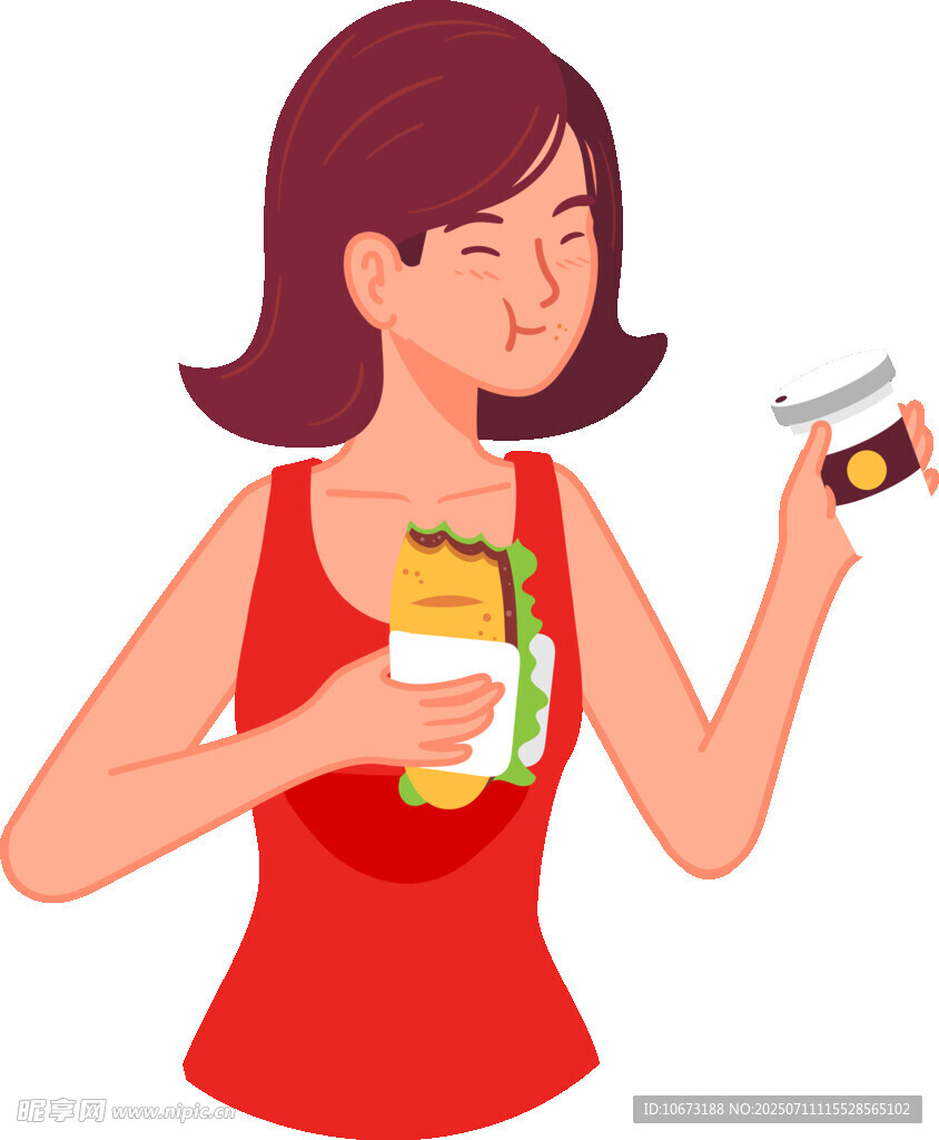 女子手持快餐与饮料