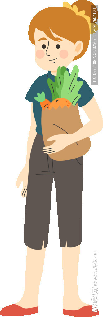 女孩手提装满蔬菜的袋子