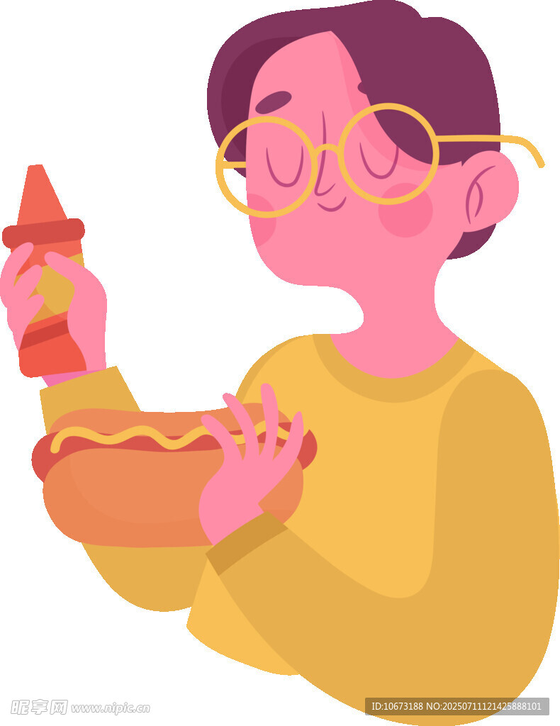 手持热狗挤酱的卡通人物