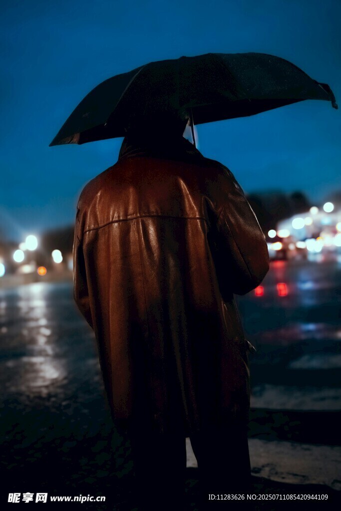 雨夜撑伞独行的身影