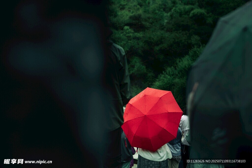 雨中红伞下的孤独身影