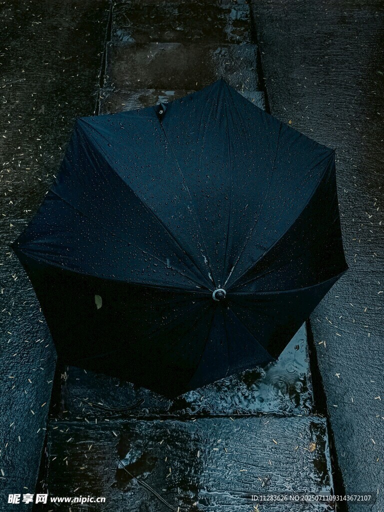 雨中遗落的黑色折叠伞