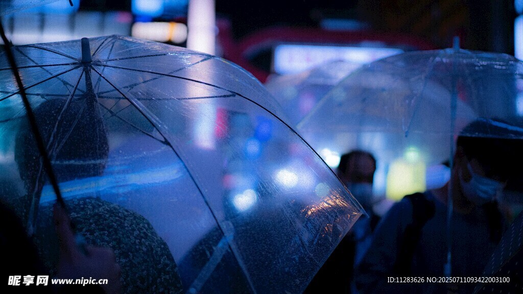 雨中透明伞下的城市景象