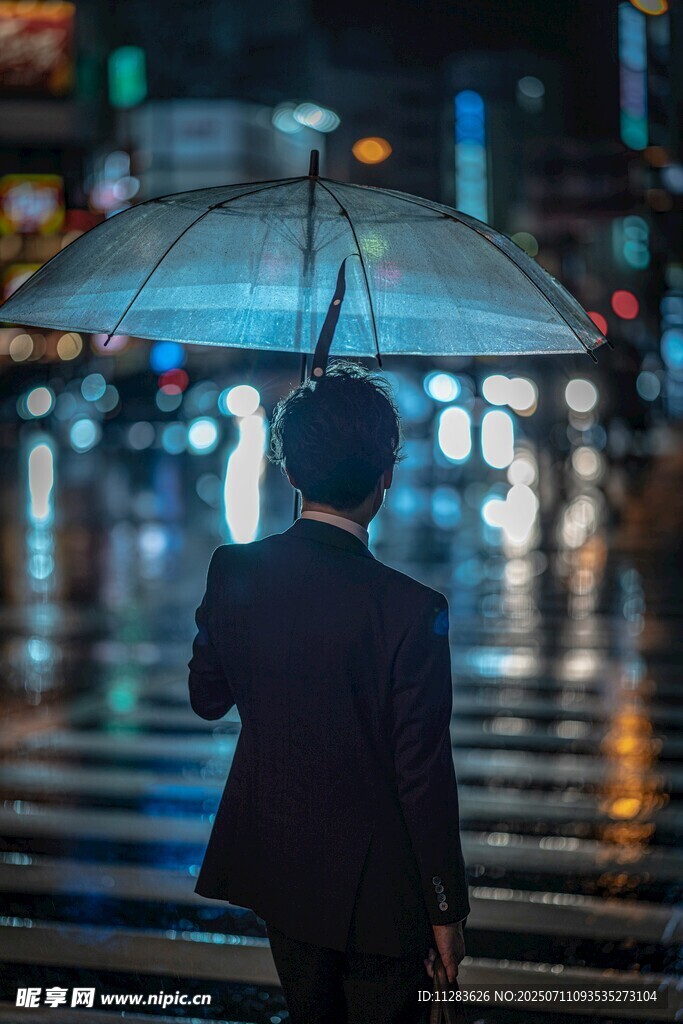 雨中撑伞独行的上班族