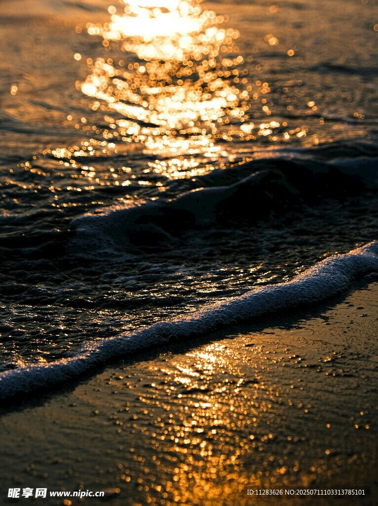 夕阳下的海浪与金色沙滩