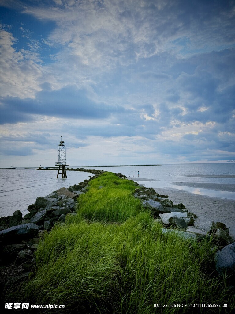 海边绿径与远处灯塔美景