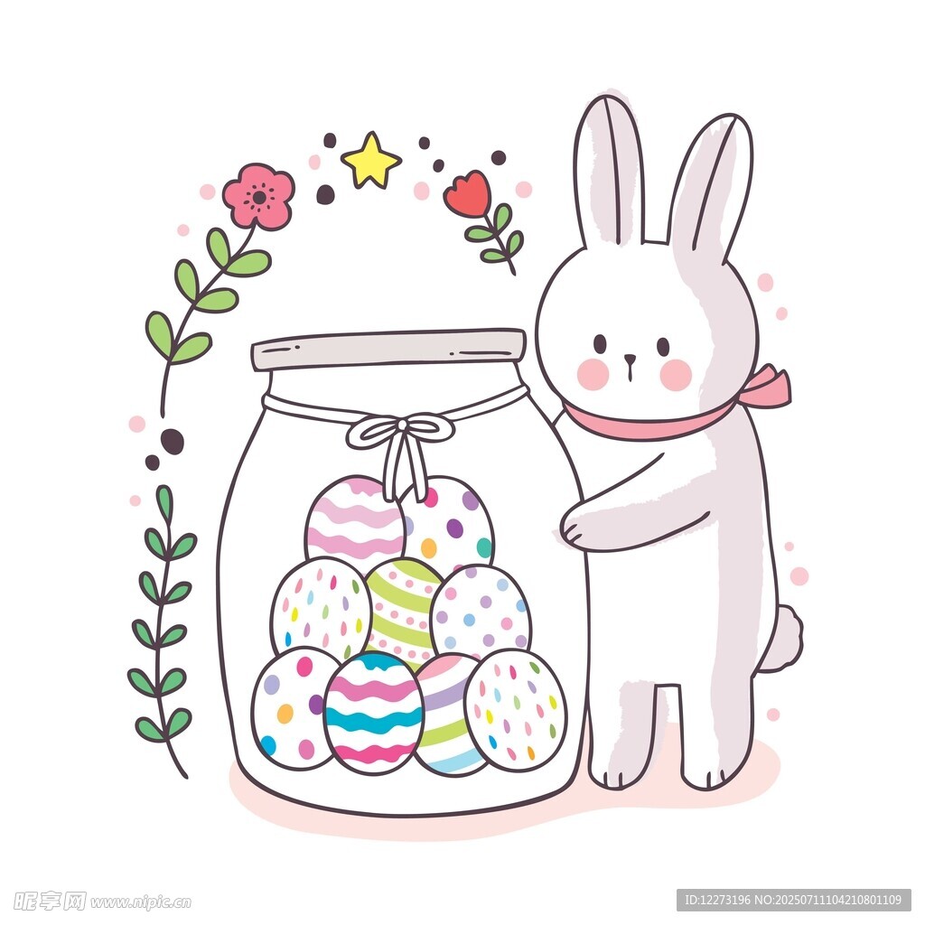 兔子与彩蛋罐的可爱插画
