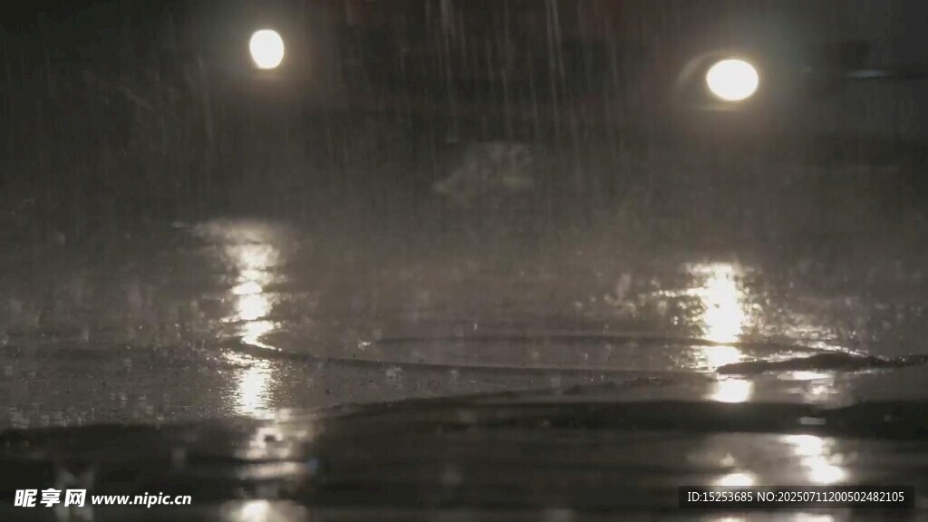 雨夜车灯下的积水路面