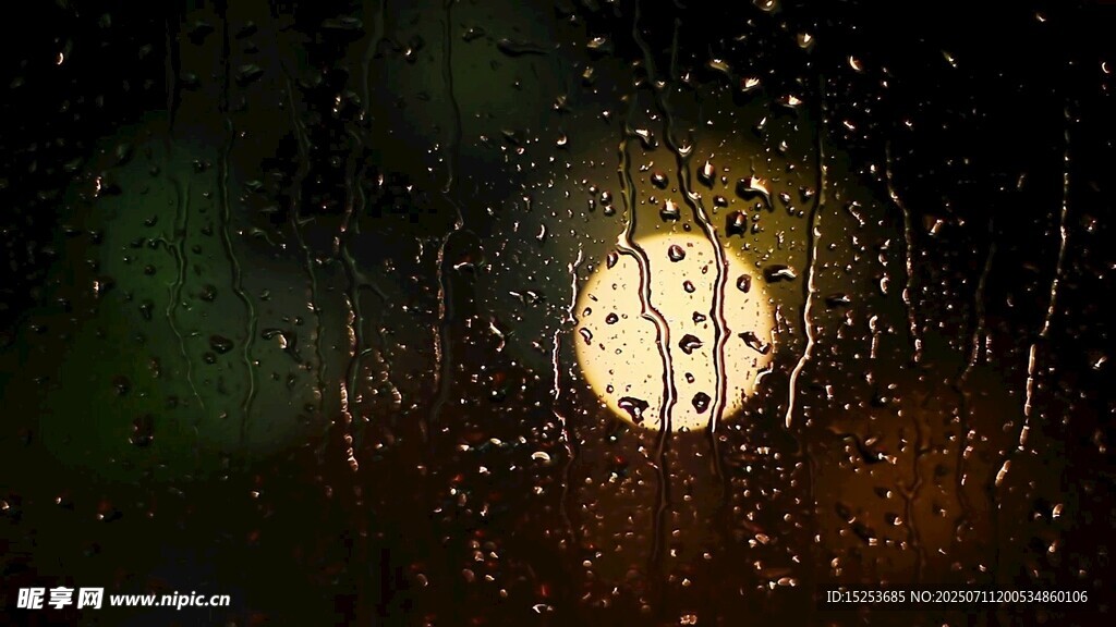 雨夜窗上灯光与雨滴