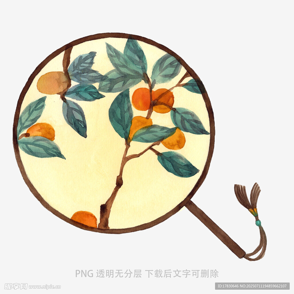 手绘团扇上的橘枝图案