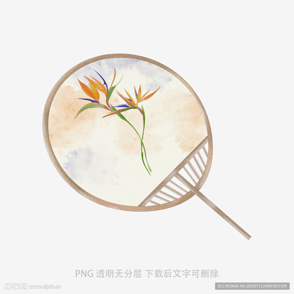 手绘中式团扇上的花卉图案
