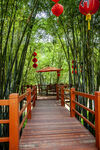 竹林木桥挂红灯笼美景