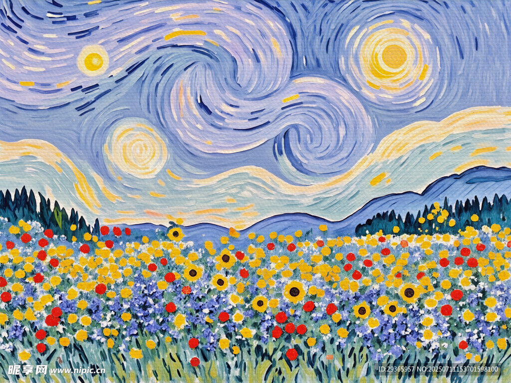 梵高风格花海星空梦幻画