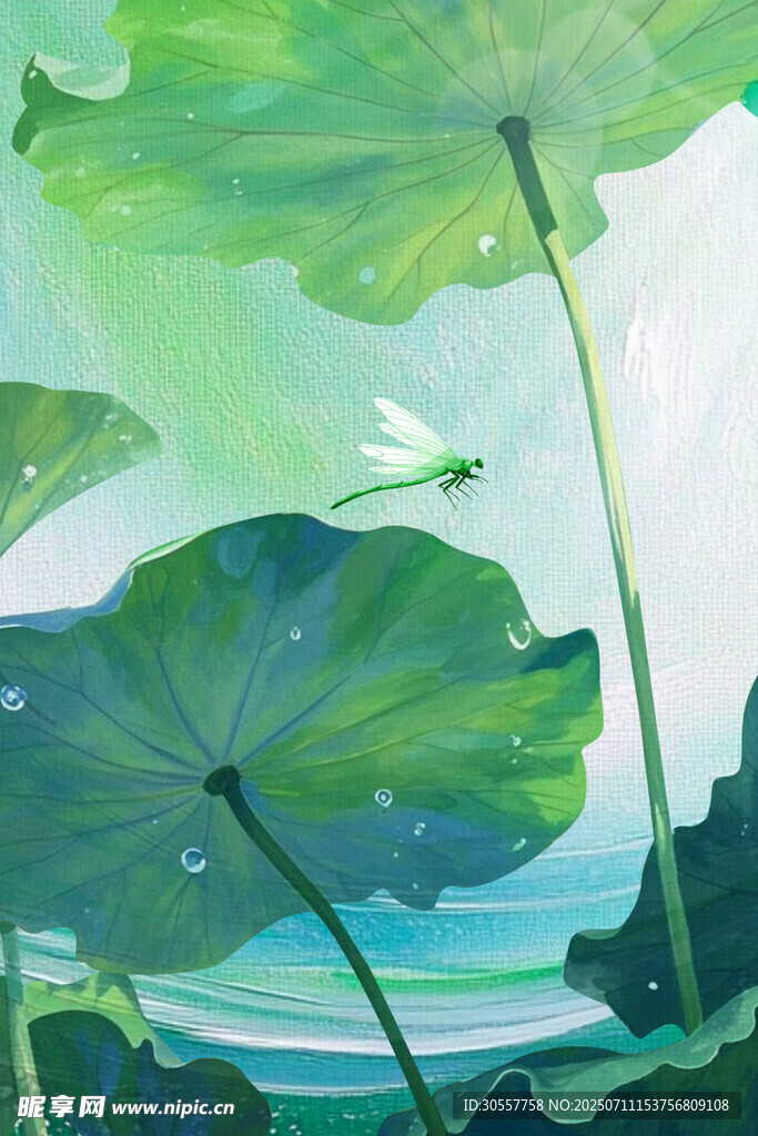 小暑节气荷叶绿色油画风背景