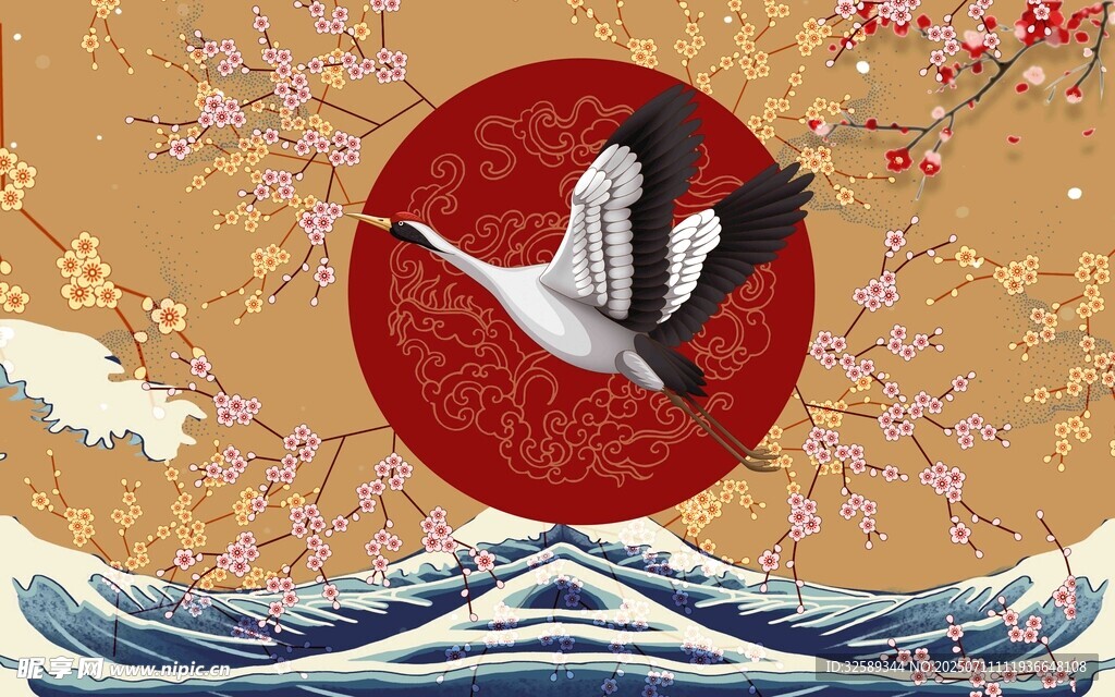 日式和风仙鹤海浪樱花图