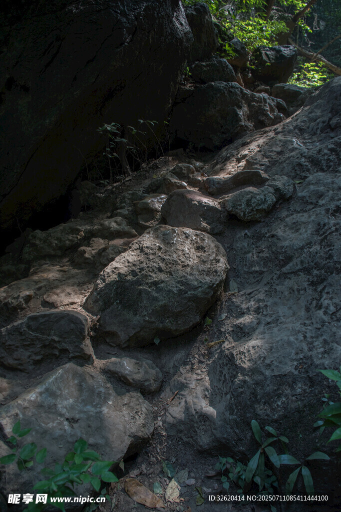 山间嶙峋岩石与绿植