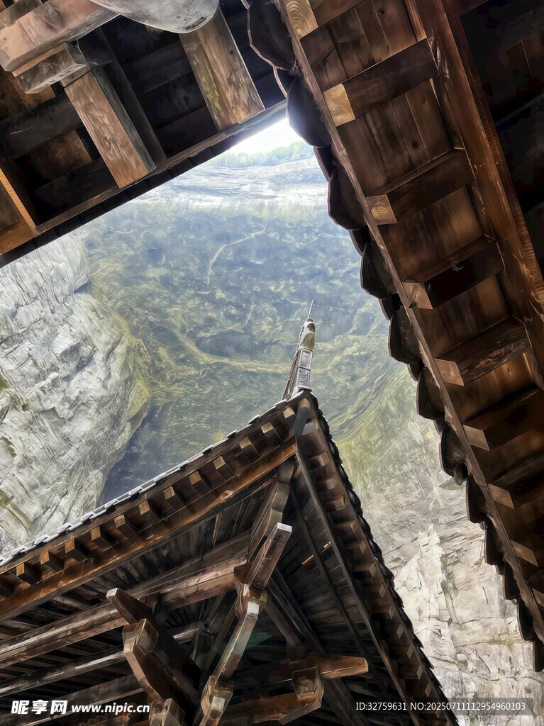 古建屋檐下的山水景致