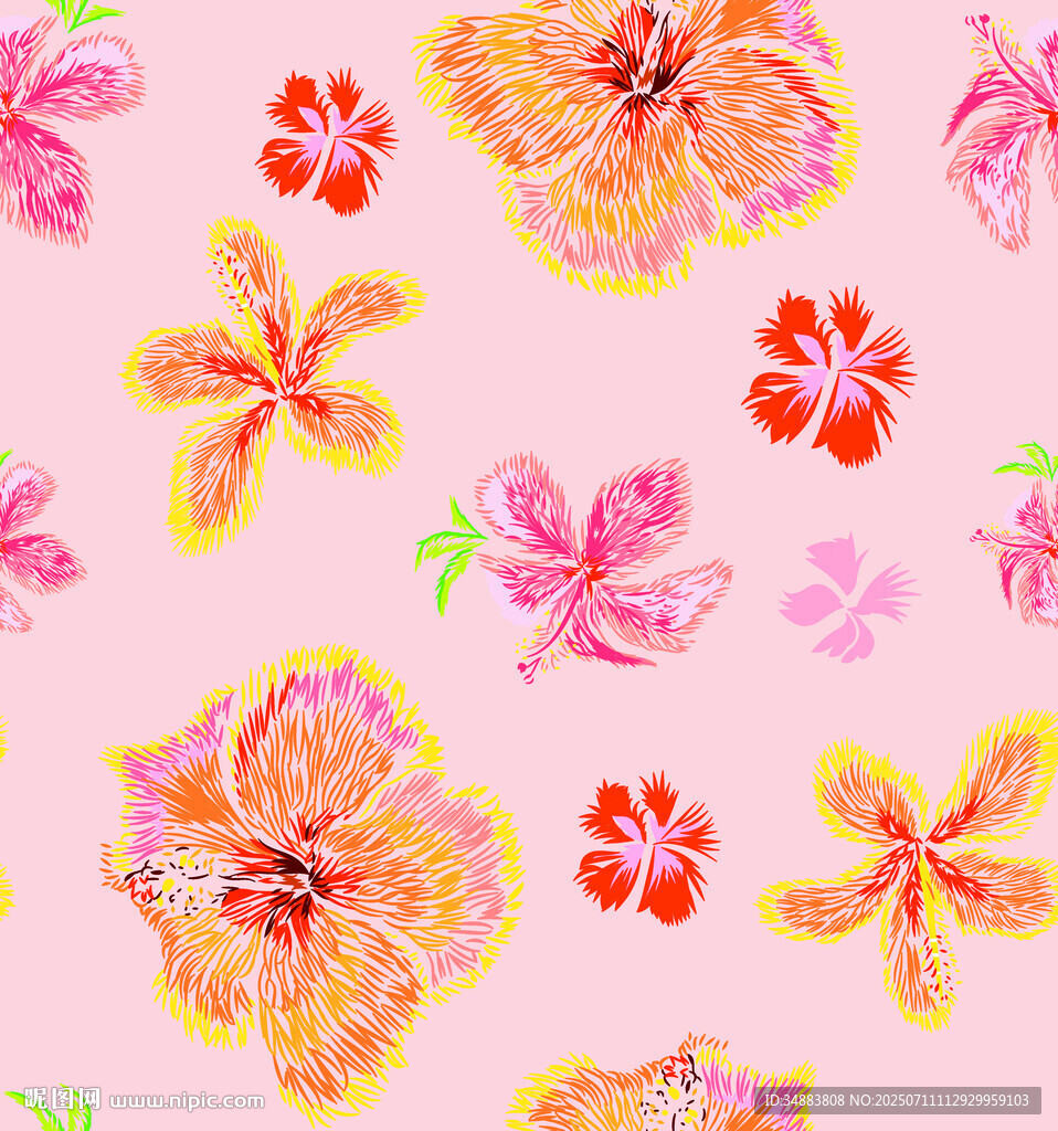 粉色背景的缤纷扶桑花图案