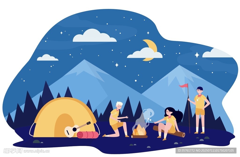 夜晚户外露营欢乐场景