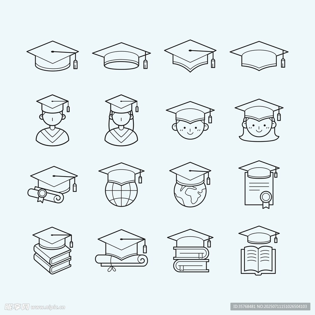 毕业帽及相关学术元素图标