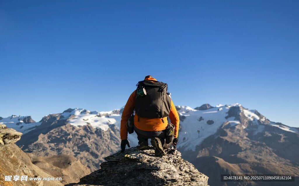 登山者于山顶眺望壮丽雪山