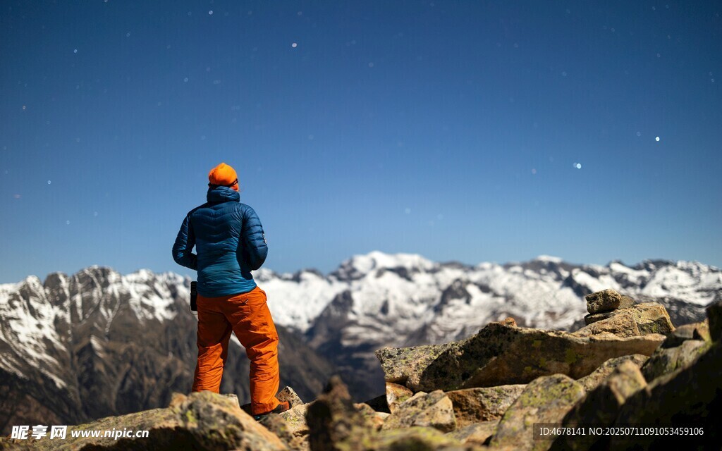 登山者眺望雪山星空