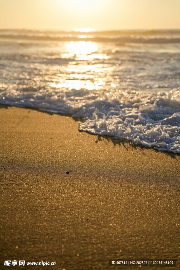 夕阳下的海浪与金色沙滩