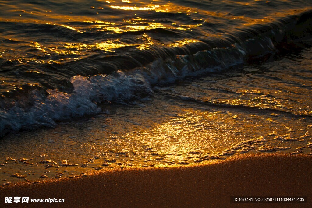 夕阳下的海浪与金色沙滩