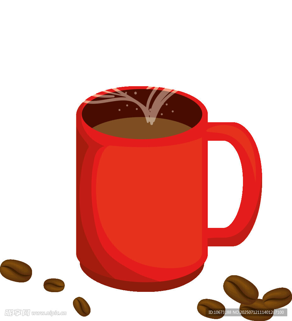 红色咖啡杯与散落咖啡豆