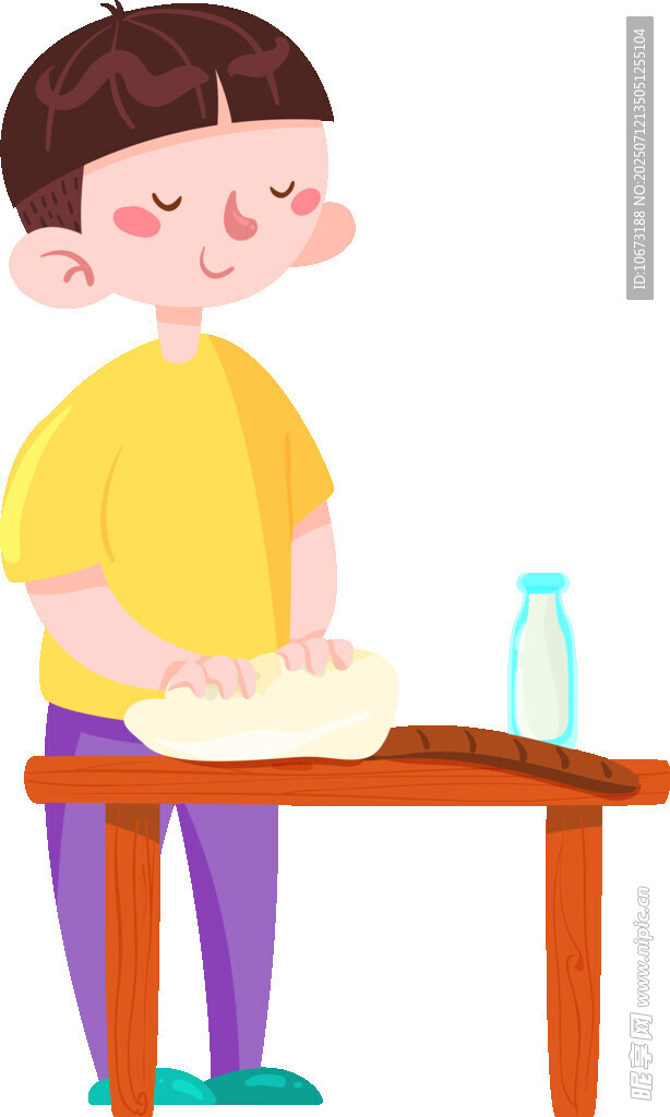男孩专注揉面做面食