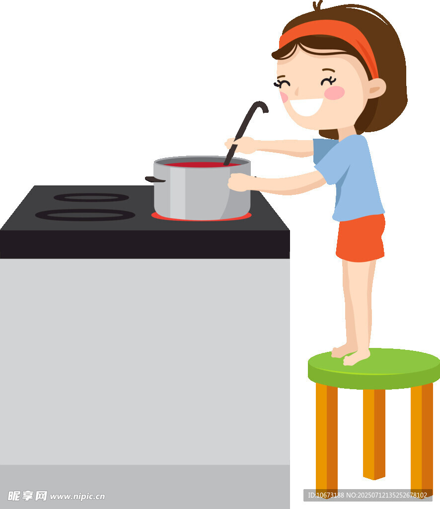 小女孩站凳子上厨房做饭