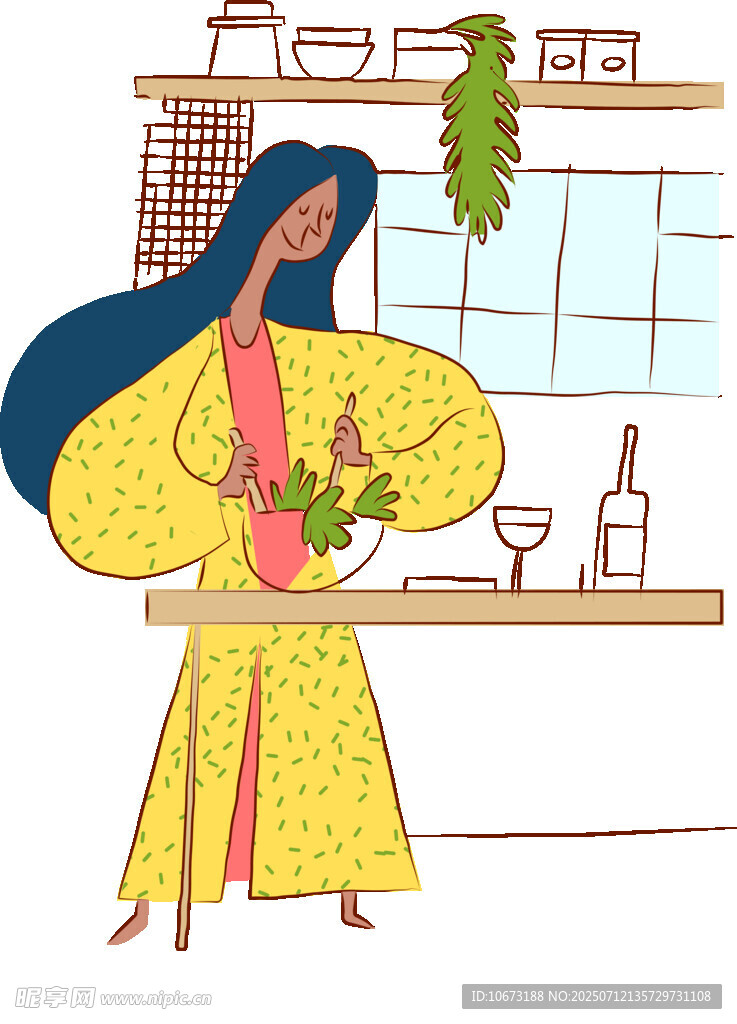 女子厨房手持花束的温馨场景